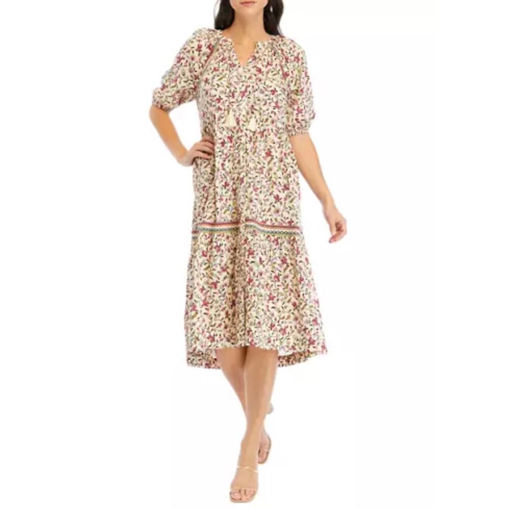 Tiered Peasant Midi Dress Puff Sleeves Floral 2X Cottage Boho Romantic Coquette‎